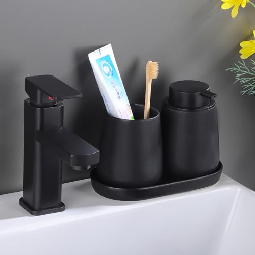 Matte Black Round Soap Dispenser Tray - 8'' Ceramic Vanity Tray for Bathroom Decorative, Jewelry Ring Dish, Comestic Holder, Kitchen Sink Countertop Organizer Plate - color: Black