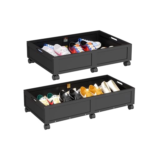 WISUCART Wood Under Bed Storage Containers Underbed Organizer with Wheels Sturdy Wood Rolling Under Bed Shoe Storage Organizer 2 Packs (Black, Large) - color: Black