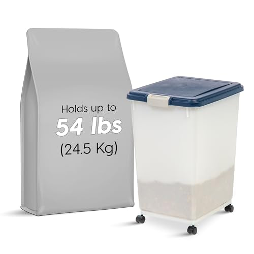 IRIS USA Dog Food Storage Container, Up to 54 Pounds, Attachable Wheels, For Dog Cat Bird and Other Pet Food Storage Bin, Keep Fresh, Easy Mobility - Made in USA, Navy/Pearl - color: Navy/Pearl, size: 54 lbs