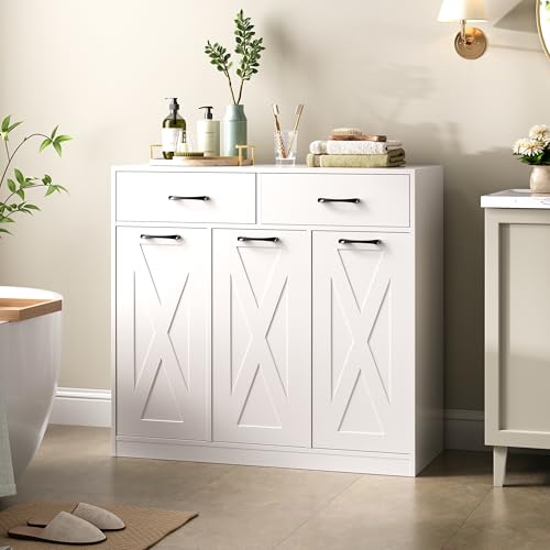 Herture Laundry Hamper Cabinet, Laundry Basket 3 Section with 2 Storage Drawers, Laundry Sorter with Pull-Out Removable Large Bags, 3 x 15.87 Gallons (60L), for Laundry Room Bathroom, White YL01XLW