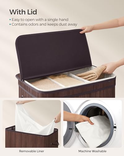 SONGMICS Laundry Hamper with Lid, Bamboo Laundry Basket, Removable Machine Washable Laundry Basket, with Handles, 39.6-Gallons, for Laundry Room, Bedroom, Bathroom, Chestnut Brown ULCB062K01 - color: Chestnut Brown, size: 150 L