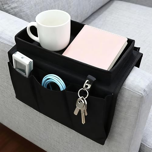 Sofa Armrest Caddy with Cup Holder – Non-Slip Couch Organizer with Storage Pockets for Remote Control, Books, Snacks & Drinks | Foldable, Furniture-Safe for Movie Nights & Small Spaces
