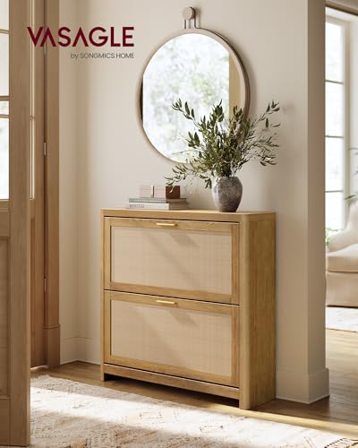 VASAGLE ELLAN Collection - Boho Shoe Storage Cabinet for Entryway Slim, Entry Shoe Cabinet with Rattan-Look Flip Drawers, Rounded Corners, Narrow for Entrance, Natural Brown UHSC601KC01 - color: Natural Brown, size: 9.4"D x 33.9"W x 32.9"H-3 Flip Drawers