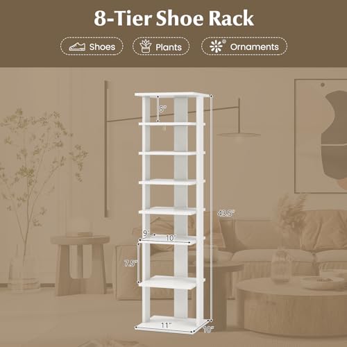 COSTWAY 8-Tier Vertical Shoe Rack, Tall Narrow Shoe Storage Organizer with Removable Shelf for Boots, Anti-Tipping Kit, Space-Saving Shoe Stand with for Small Place, Entryway (White) - color: White