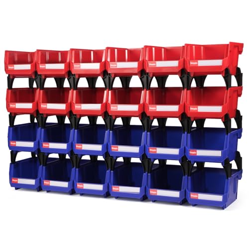 Plastic Storage Bins 24 Packs, Space-Saving Stackable Parts Bins for Garage,Tools, Small Parts Organization Bin-5x4x3 Inch (Blue & Red) - color: Blue & Red 24pack, size: 5x4x3 inch