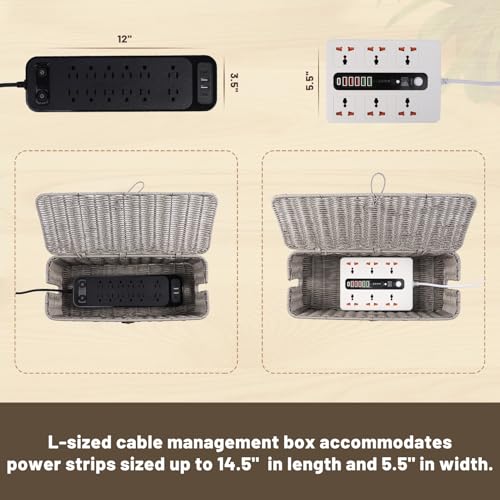BROWNLILY Cable Management Box, Rattan Style Cord Organizer for Desk Cord Hider Outlet Covers Baby Proofing for Power Strip TV PC Router Charger Under Desk Storage with Lockable Lid and Cable Ties - color: Gray, size: L