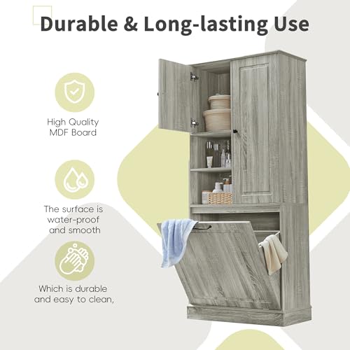 Virubi Tall Laundry Cabinet with Tilt Out Hamper, Wood Tall Laundry Room Cabinets with Doors, and Adjustable Shelves, for Bathroom Storage Organization, Freestanding, Oak - color: Oak, size: 29.9"x14.2"x67.7"