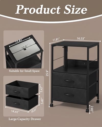 Faesun Swivel Lift Top Nightstand with Charging Station, Rolling Side Table for Recliner, Bedside Table with Wheels & 2 Fabric Drawers, for Small Spaces, for Bedroom, Living Room, Black - color: Black, size: 2 Drawers