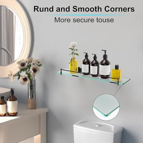 20 Inches Glass Shelves for Bathroom, Matte Black Floating Glass Shelf Stainless Steel Tempered Glass Bathroom Shelves for Wall Mount Modern - color: Matte Black, size: 20"with railing