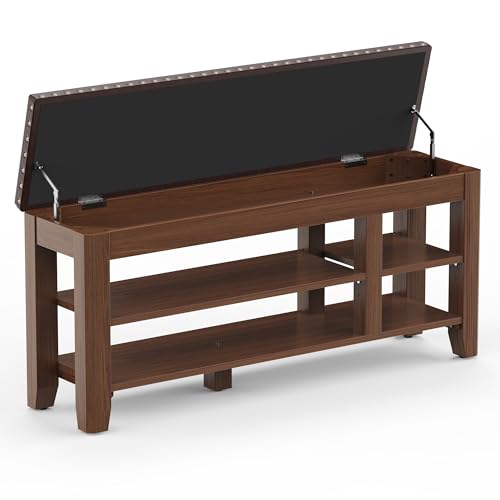 Shoe Bench for Entryway, Solid Rubberwood Shoe Bench with Hidden Storage, Adjustable 2-Tier Shelves & Soft PU Leather Seat, Shoe Rack Durable Easy Assembly for Hallway or Bedroom - Brown, 47.28" - color: Brown, size: 47.28"W x 11.82"D x 20.47"H