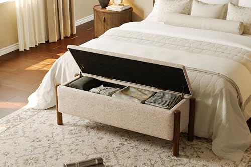 Modern Storage Benches with Walnut Wood Legs, 47'' Ottoman Bench with 20 Gallons Storage Space for Bedroom End of Bed, Fabric Upholstered Entryway Bench with Seating for Livingroom, Beige - color: Beige