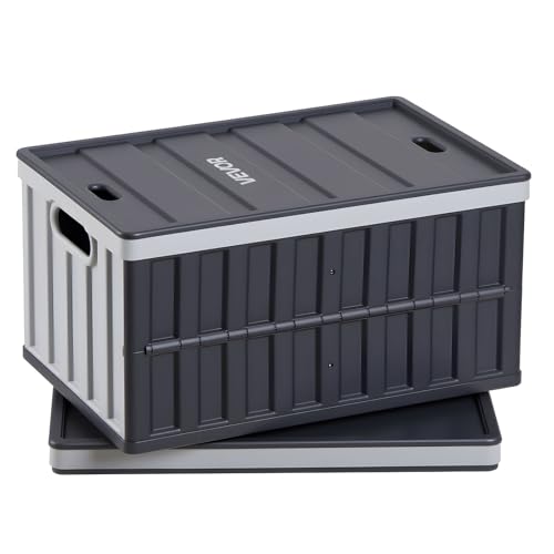 VEVOR Plastic Collapsible Storage Bins with Lids, 65L 2 Packs, Stackable Folding Storage Crates with Handles, Holds 84 lbs Per Bin, Heavy Duty Containers, Space-Saving Baskets, for Home Organizing - size: 65L-Grey-2PC