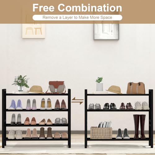 Haddockway Bamboo Shoe Rack for Closet, Free Standing Shoe Organizer with Smooth Round Rods & Convenient Handles, Stackable Shoe Storage Shelf for Entryway, Hallway(Black, 4-Tier) - color: Black, size: 4-Tier_Standard