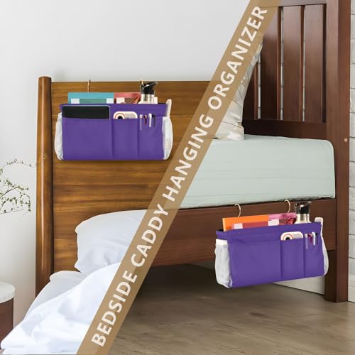 Dark Purple Bedside Caddy Storage Bag Bedside Organizer for Bunk Bed Headboards College Bedside Shelf Hanging Organizer 6 Pockets with Hooks for Magazine Water Bottle Holder - color: Dark Purple