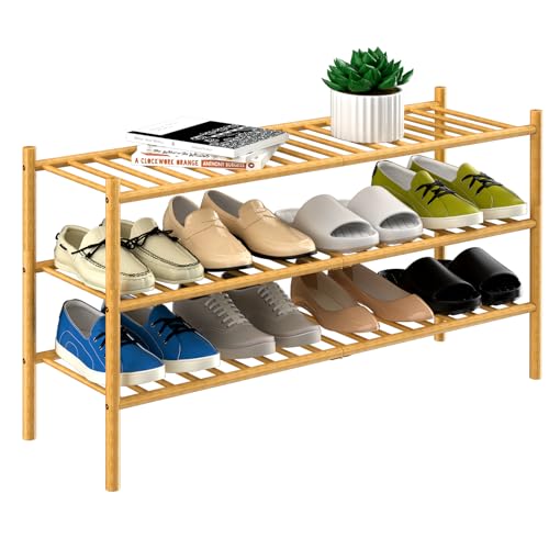 ROMGUAR CRAFT 3-Tier Bamboo Long Shoe Rack, Free Standing Wood Shoe Shelf Storage Organizer for Closet Entryway Stackable 35"x11"x20" (Natural) - color: Natural, size: 3-Tier(Long)