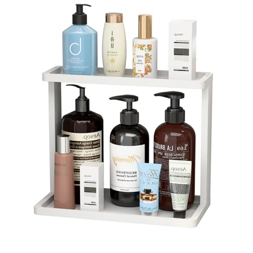 PEKER Bamboo Bathroom Organizer Countertop – Small Vanity Storage Shelf for Makeup, Perfume, Skincare – Natural Cosmetics Display Rack for Dresser, Sink, Kitchen –White - color: White Bamboo