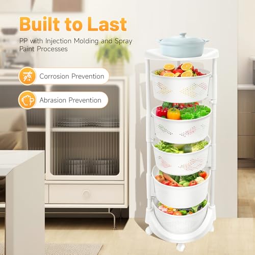 5-Tier Rotating Storage Rack, Round Kitchen Organizer Cart with Wheels for Fruit Vegetable, Multi-Layer Shelf for Bathroom Laundry Room, White