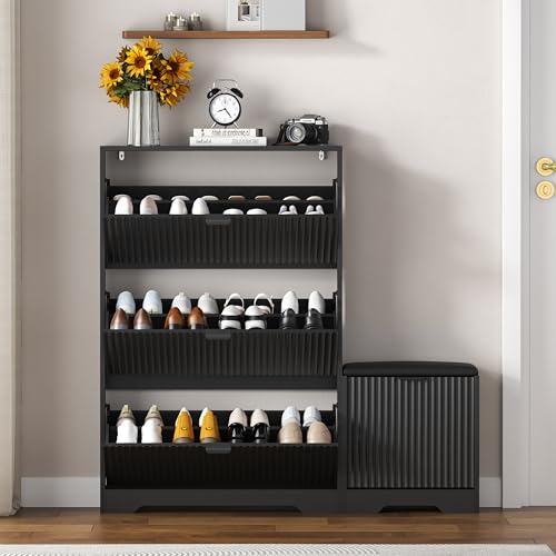 HUANLEGO Shoe Cabinet Storage for Entryway with 4 Flip Drawers, Black Fluted Shoe Cabinet with Bench, Wooden Hidden Shoe Rack Freestanding Narrow Slim Shoes Storage Organizer for Hallway, Entrance - color: Black, size: 4 Drawer with Bench