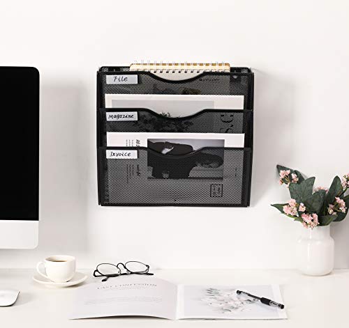 EasyPAG 3 Pocket Mesh Wall File Organizer, Hanging Paper Folder Holder with Classify Label, Vertical Wall Mount Mail Organizer for Office Home Classroom, Black - color: Black, size: 3 Tier