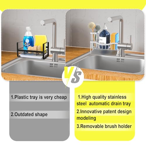 Maifan Sink Caddy Sponge Holder for Kitchen with Brush Holder and Stainless Steel Self Drain Tray, Rustproof Kitchen Sink Organizer for Sponge, Soap Dispenser Storage Accessories (Lacquer Silver) - color: Lacquer Silver
