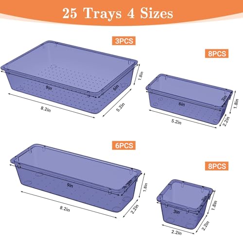 SpaceHacks 25 PCS Plastic Drawer Organizer Set, 4-Size Versatile Organizer Trays & Storage Bins for Makeup, Jewelry, and Gadgets in Bathroom, Bedroom and Office,Dark Blue - color: Dark Blue