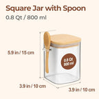 ComSaf 0.8 Qt Glass Jars with Bamboo Lids & Spoons Set of 4, Square Glass Containers with Lids, Sugar Coffee Containers Salt Spice Jars, Pantry Storage Container for Loose Tea, Candy, Brown Sugar, Nut - size: 0.8Qt*4