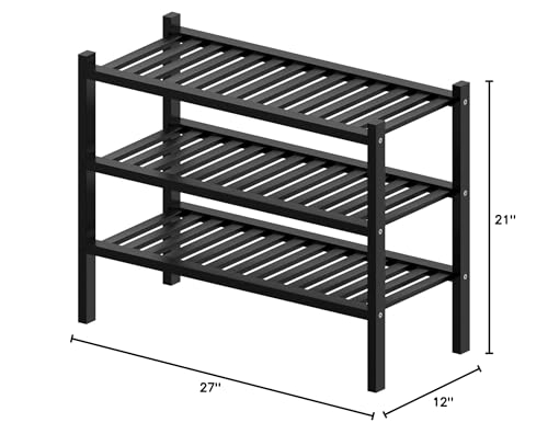 ROMGUAR CRAFT 3 Tier (Thick) Bamboo Shoe Rack for Entryway, Small Wood Shoe Shelf Storage Organizer for Closet, Shoe Stand for Hallway, Stackable and Sturdy 27"x12"x21" Black - color: Black, size: 3 Tier(Thick)