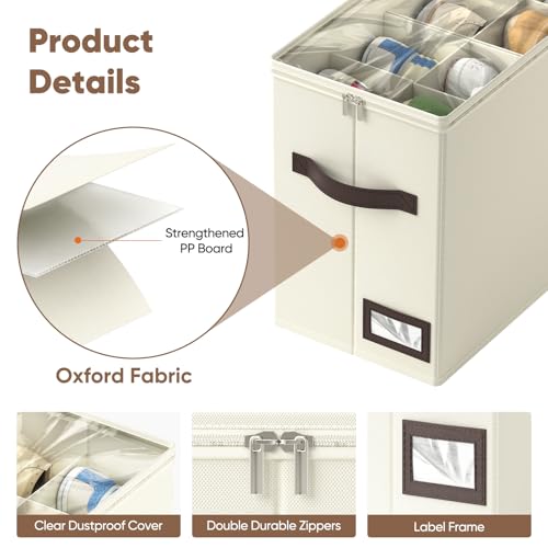 OIAHOMY 4 Pack Shoe Organizer for Closet, Foldable Shoe Storage Bins with Adjustable Dividers, Stackable Oxford Cloth Sneaker Boxes for Entryway Bedroom, Fits Up to 32 Pairs, Beige - color: Beige, size: 4 Pack
