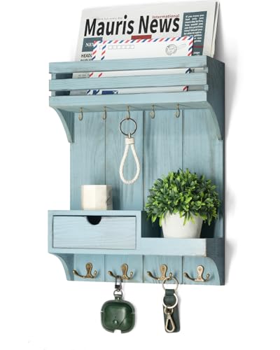 Rebee Vision Decorative Key Holder Wall Mount with Mini Drawer Organizer - Stylish Key Holder for Wall with Mail Organizer & 9 Key Hooks - Apartment Essentials for Home Decor (Blue) - color: Blue, style: Small Drawer