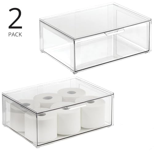 mDesign Plastic Stackable Bathroom Storage Organizer Bin Containers with Front Pull Drawer for Bathroom Countertop, Vanity, Closet Shelves - Holder for Accessories - Lumiere Collection, 2 Pack, Clear - size: 16 x 12 x 6 (Pack of 2)