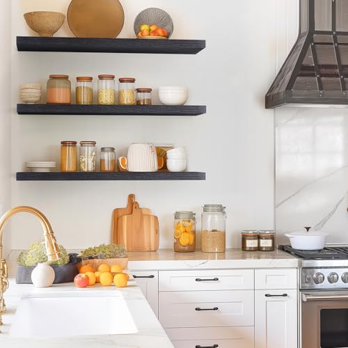 BAYKA Floating Shelves for Wall, Set of 3, 36 Inches Long Wall Mounted Rustic Wood Shelves for Bathroom, Bedroom, Living Room or Kitchen, for Book/Storage/Decor with 30lbs Capacity - Black - color: A. Black - Universal Classic Style, size: 36inches