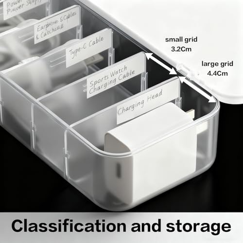 2 Pack Cord Organizer Box with 7 Wire Ties Each – Desktop Cable Management Storage Case with Lid, Charger Cord Organizer for Drawer, Multi-Compartment Power Cord Holder Set for Office Home – White - size: 2pack