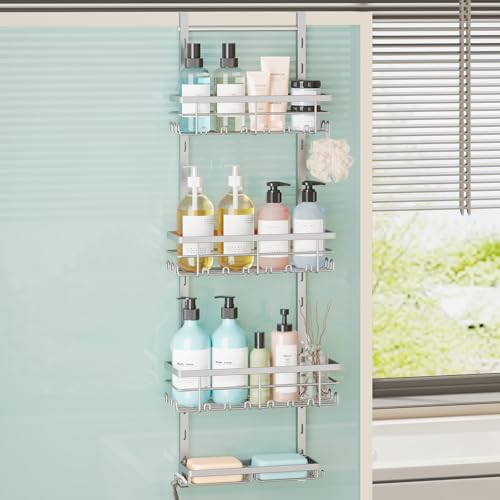 SWTYMIKI Over The Door Shower Caddy - 4 Tier Rustproof Hanging Shower Organizer with Adjustable Shelves, 40 Hooks & Soap Holder, Hanging Shower Rack Storage for Bathroom Accessories, Silver - color: Silver