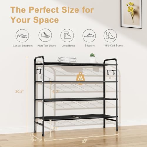 VILICK 4-Tier Shoe Rack 33" Wide Metal Shoe Organizer Long Shoe Storage with 4 Side Hooks Sturdy Shoes Shelf for Closet, Front Door Entrance, Garage, Dorm, Black - size: 4-Tier (11"x 33"x 30.5")