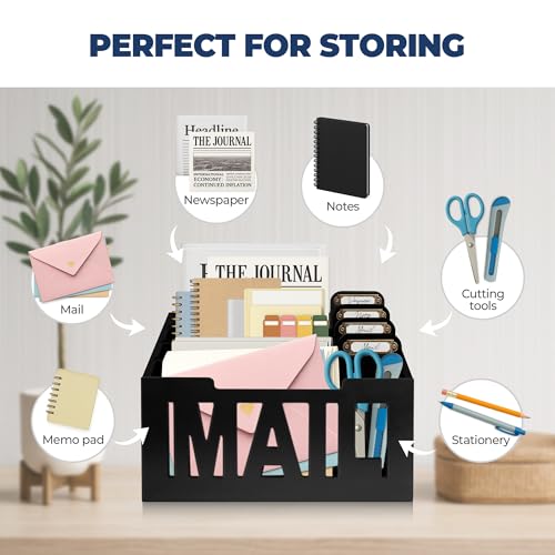 Mail Organizer Countertop – Black Holder for Desk with 4 Slots & Label Tags, Decorative Desktop Sorter, Bill Storage and Envelope Tray for Organized Home Office Accessories (11x7x8 in) - color: Black, size: Medium