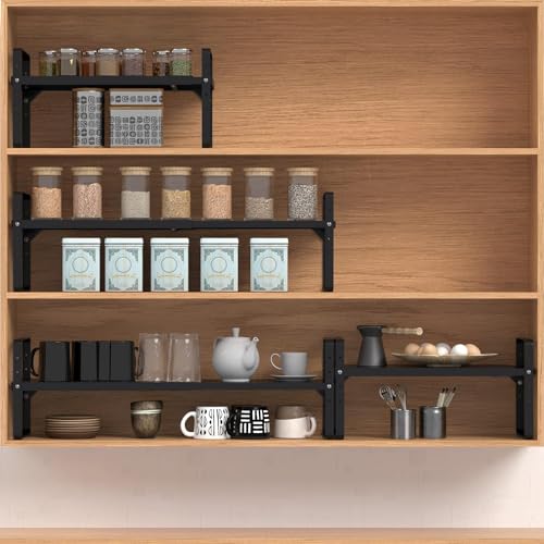 Expandable Cabinet Shelf Organizer Adjustable Metal Spice Rack Stackable Freestanding Counter Storage Shelves for Kitchen Cabinet Under Sink Office Desk (Black - 3Pack - L16.5-27'' * W8'' * H9.6'') - color: Black - 3pack - L16.5-27'' * W8'' * H9.6''