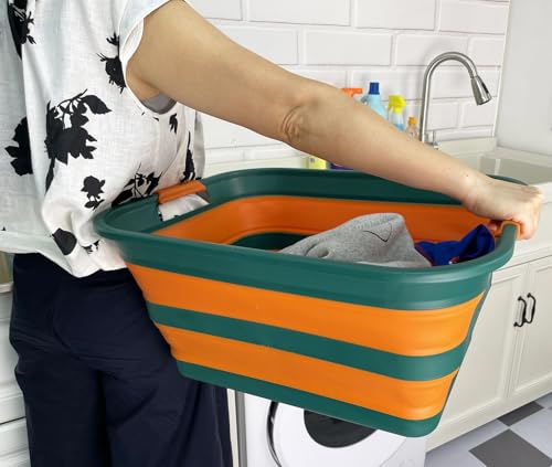 SAMMART Collapsible Plastic Laundry Basket with Handle/Foldable Pop Up Storage Hamper/Portable Laundry Organizer-Space Saving Washing Tub/Household Storage (Teal Green/Autumn leaf, 42L (Set of 2)) - color: Teal Green/Autumn leaf, size: 42L (Set of 2)