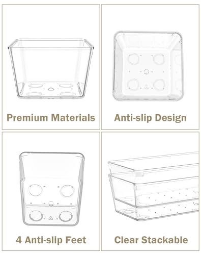 15Pcs Clear Plastic Drawer Organizers Set, 4size makeup drawer organizer trays for vanity/desk/bathroom/office/nightstand/gadgets for kitchen/desk drawer, Versatile drawer divider storage bins - size: 15Pack