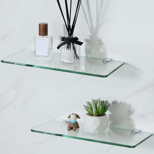 SAYAYO Glass Floating Shelves for Wall, Tempered Glass Shelves for Bathroom, Living Room, Bedroom, Office, Toilet, Kitchen Decor, 12 Inch Set of 2, Clear - color: Clear, size: 2 PCS