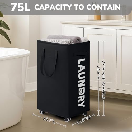 Goodpick Laundry Basket with Wheels, 2-Pack 75L Rolling Laundry Hamper with Removable Wash Bags, Collapsible Laundry Basket for Corner Dorm, Black - color: Black 2-Pack