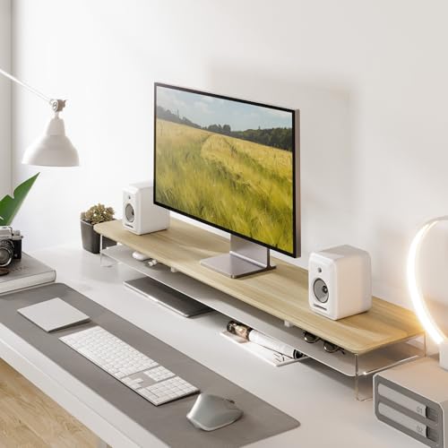 Fenge Acrylic Monitor Stand Riser, 42.5 Inches Dual Monitor Stand with Metal Storage, 2 Tier Acrylic Computer Riser for Desk, Clear Laptop Stand for PC, Laptop, Printer, TV, Oak - color: Oak, size: 42.5in
