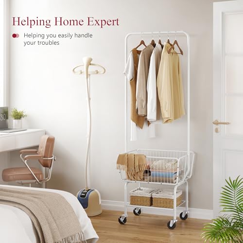 Tajsoon Laundry Cart with Hanging Rack, Metal Laundry Basket with Wheels, Laundry Hamper with Storage Basket and Shelf, Rolling Laundry Cart with Wheels, White - color: White