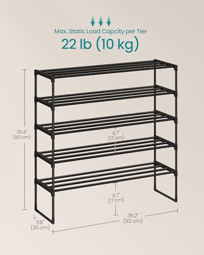 SONGMICS Shoe Rack, 5-Tier Shoe Organizer, Metal Storage Shelf, Upright or Upside Down, for 20-25 Pairs, Stackable, for Entryway, 11.8 x 36.2 x 35.4 Inches, Black ULSA305BH01 - color: Black, size: 5 Tiers (36.2"W)