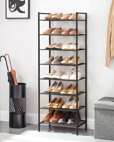 SONGMICS Narrow Shoe Rack, Sturdy 8 Tier Metal Tall Shoe Rack Shelf, Slim Shoe Storage Organizer for Closet Entryway Small Spaces, Vertical Shoe Stand Tower for 18 Pairs Shoes, Easy Assembly, Black - color: Black