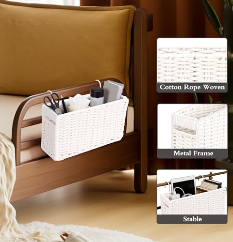 Cotton Rope Woven Bedside Caddy for Dorm Bed, Foldable Bedside Shelf Bunk Bed Accessories, College Dorm Room Essentials Hanging Organizers Storage Basket, Room Decor Magazine File Holder (White) - color: White