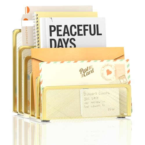 Mail Organizer Countertop with 5 Slot, Metal Mail Holder for Desk, File Holder Letter Sorter for Envelope, Bill and Document, Gold - color: Gold