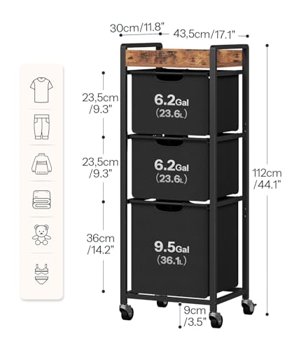 HOOBRO Vertical Laundry Hamper with Wheels, Slim 3 Section Laundry Sorter, Space Saving Rolling Laundry Cart with Removable Bags & Shelf, Laundry Basket for Bathroom, Bedroom, Rustic Brown