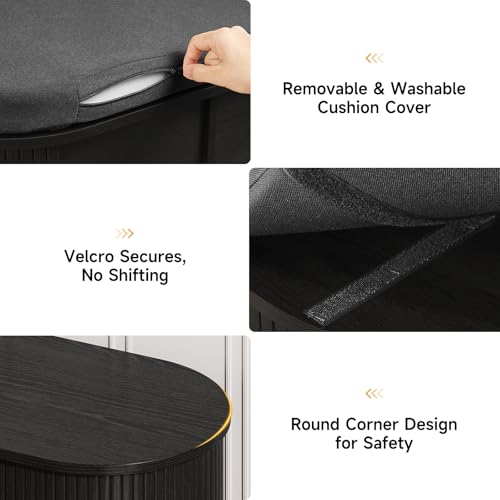 Oval Shoe Storage Bench with Padded Seat Cushion, 2-Tier Fluted Shoe Cabinet with Adjustable Shelves, Mid-Century Bench Compact for Entryway, Hallway, Closet, Front Accent, Foyer, Bedroom, Black