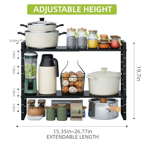 Expandable Cabinet Shelf Organizer Rack, Stackable Kitchen Counter Storage Shelves Stand, Adjustable Height Pantry Shelf Spice Rack (Black-2 Pack, 8.7" D x 15.4-26.8" W x 9.8" H) - color: Black-2 Pack