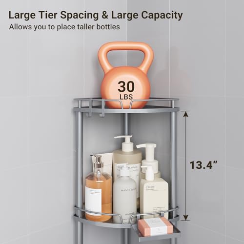ELYKEN Corner Shower Caddy Standing, 3 Tier Rustproof Metal Shower Organizer with Soap Holder, Floor Shower Corner Shelf Rack Storage Stands with Adjustable Feet & 2 Hooks for Bathroom, Silver - color: Silver, size: 3 Tier